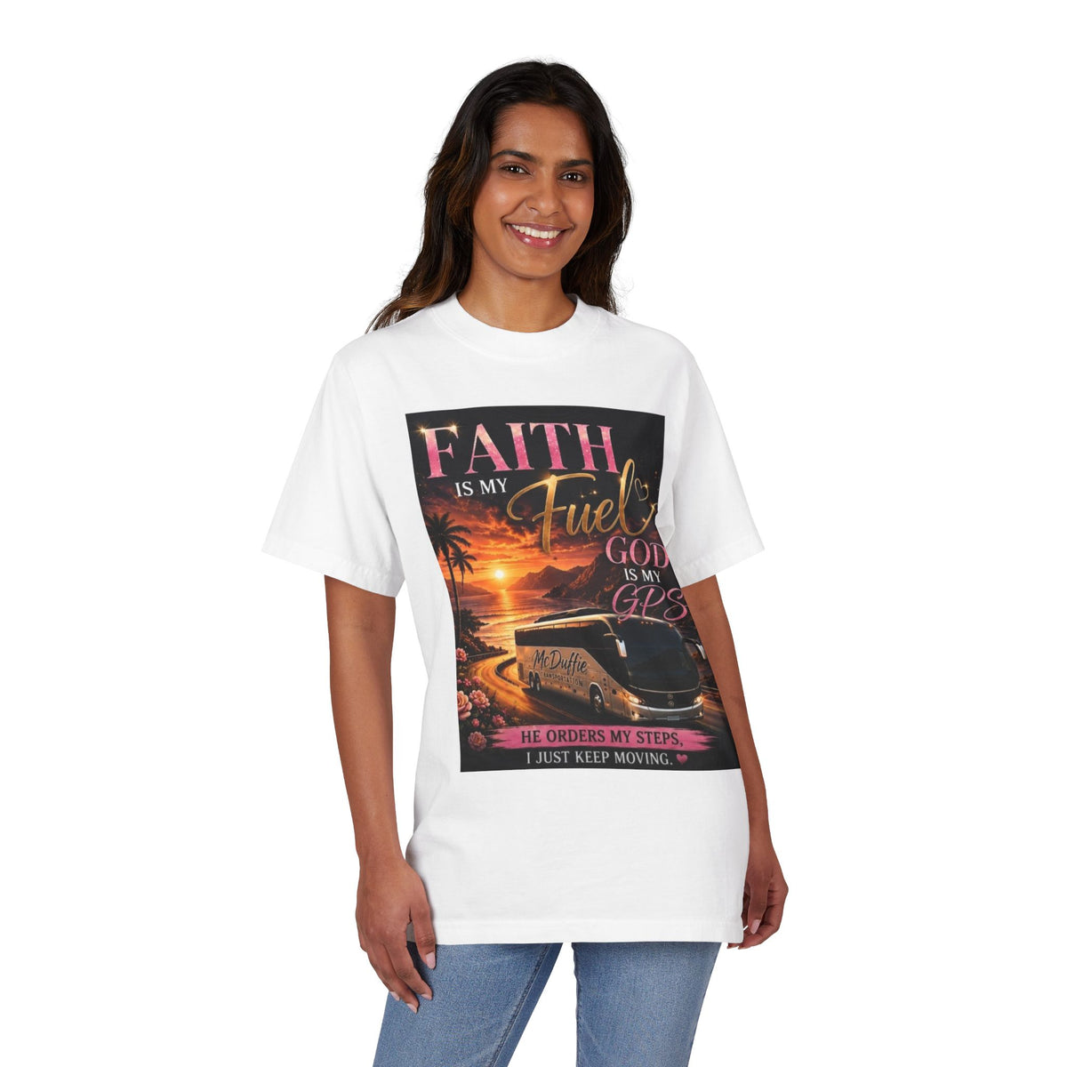 Faith Is My Fuel Christian T-Shirt — "God Is My GPS" Sunset Prayer Tee