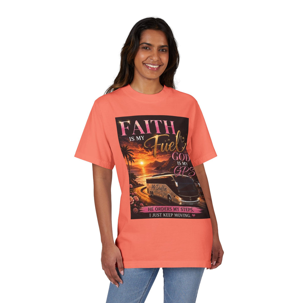 Faith Is My Fuel Christian T-Shirt — "God Is My GPS" Sunset Prayer Tee