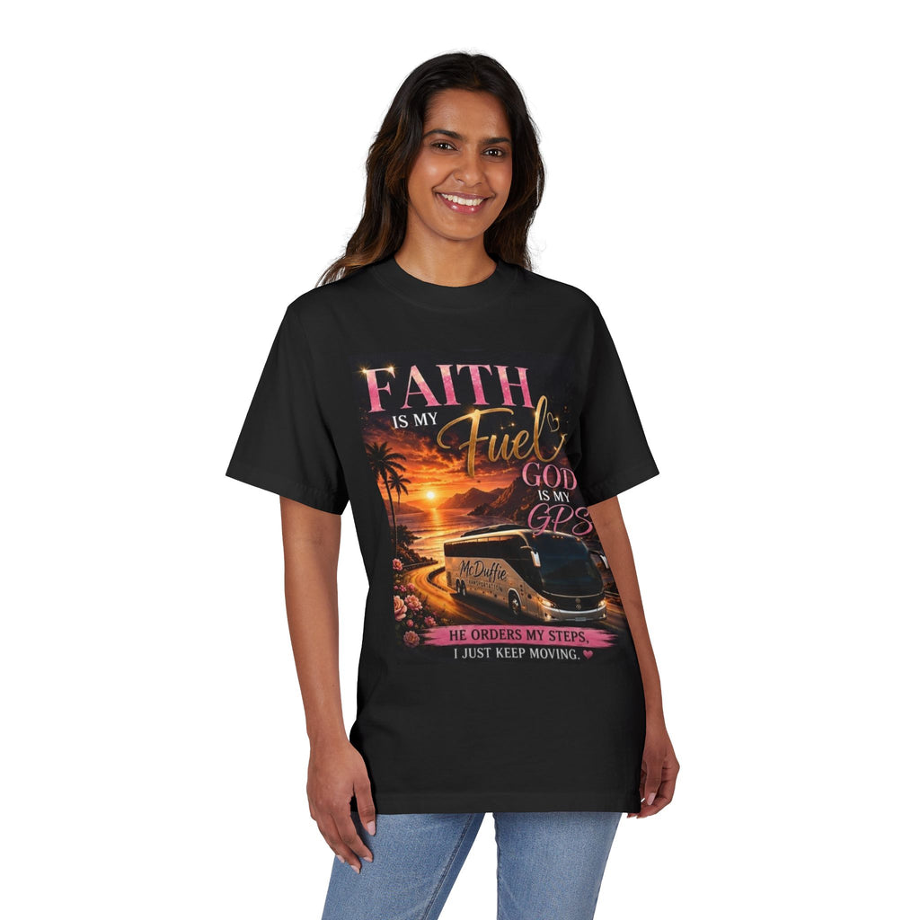 Faith Is My Fuel Christian T-Shirt — "God Is My GPS" Sunset Prayer Tee